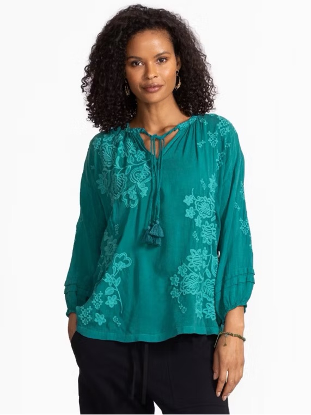 Johnny Was Margot Teal Embroidered Floral Cupro Boho Tassel Blouse Tunic Top M